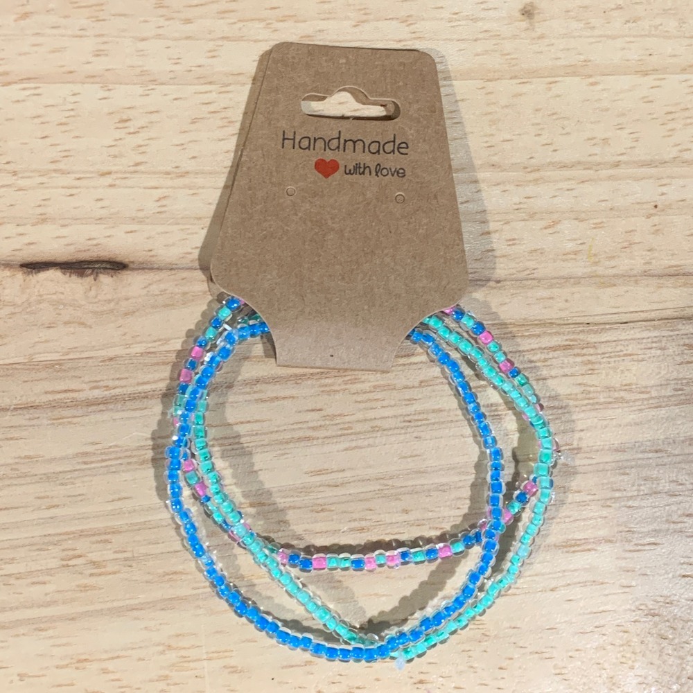 Handmade Beaded Bracelet Women OS Set 3 Blue Turquoise Pink Stretch Boho Summer